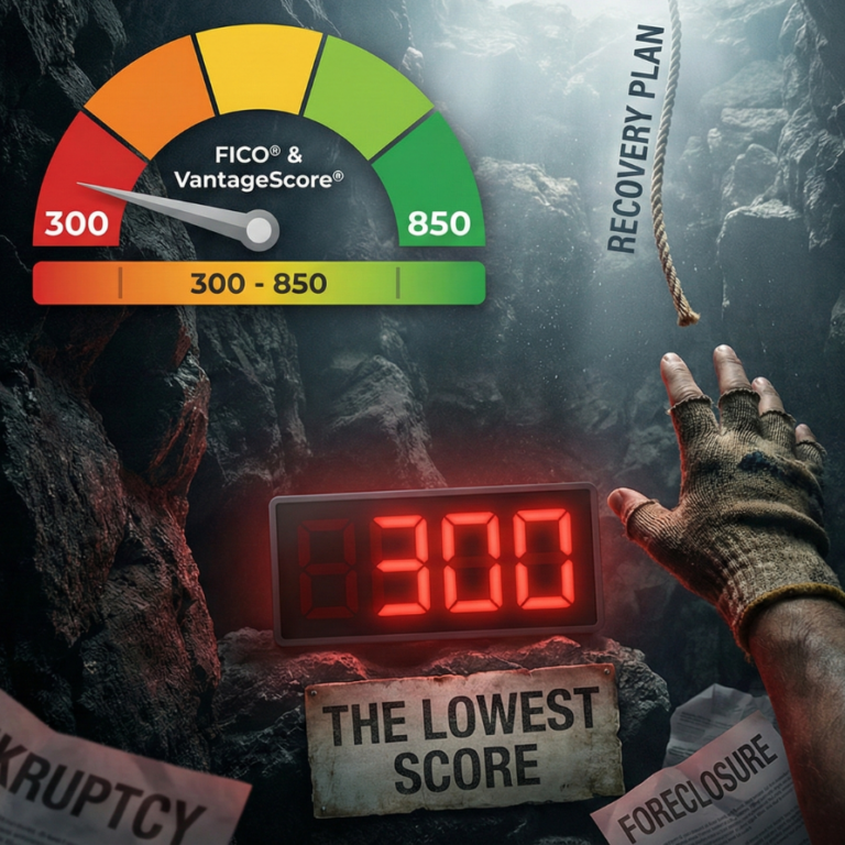 image showing lowest credit score and man hand try to catch recovery tips